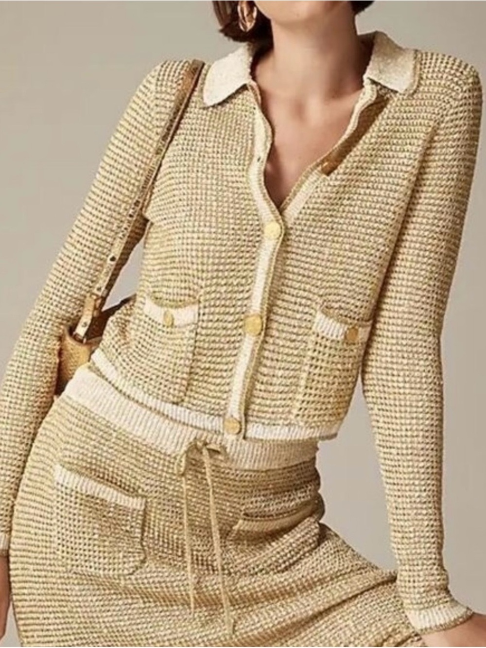 J. Crew Cream / Ecru and Gold Woven Knit Collar Lady Jacket & Skirt